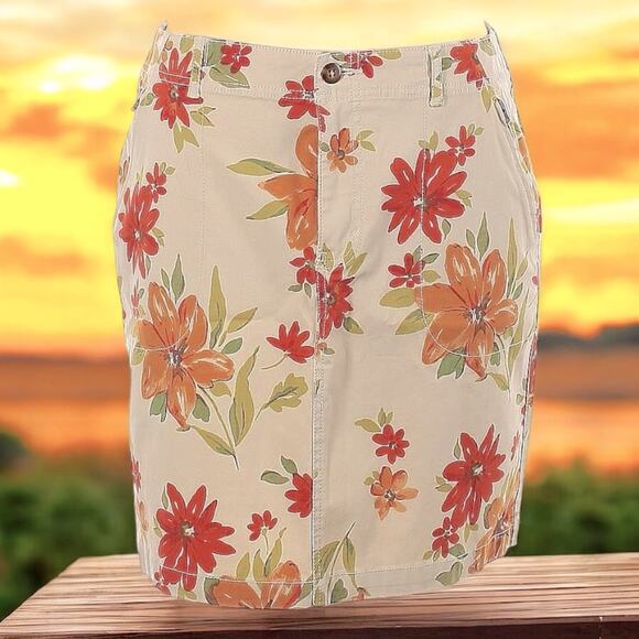Eddie Bauer Cotton Tan Floral  Stretch A-Line Skirt Size 12 - Picture 1 of 7